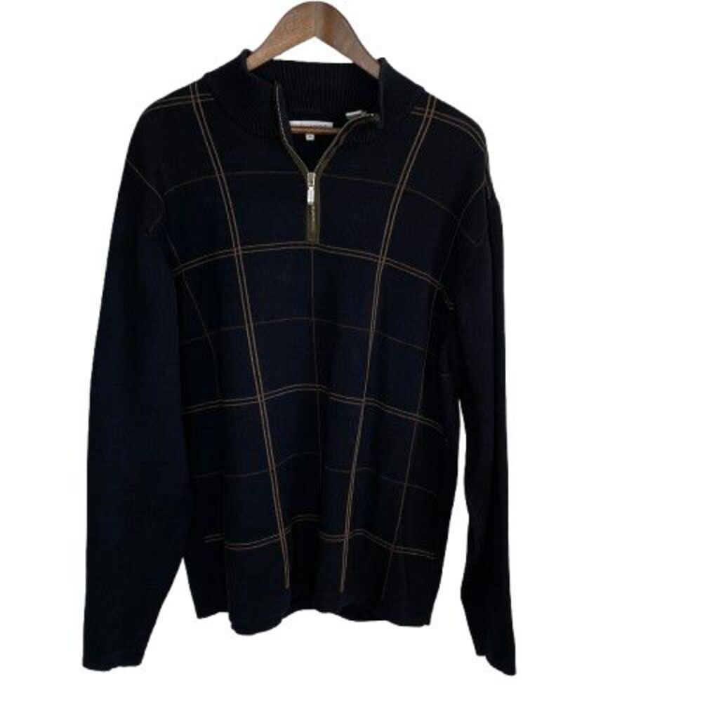 Alex Cannon Mens 1/4 Zip Pullover Cotton Sweater Size XL Black Plaid Academia